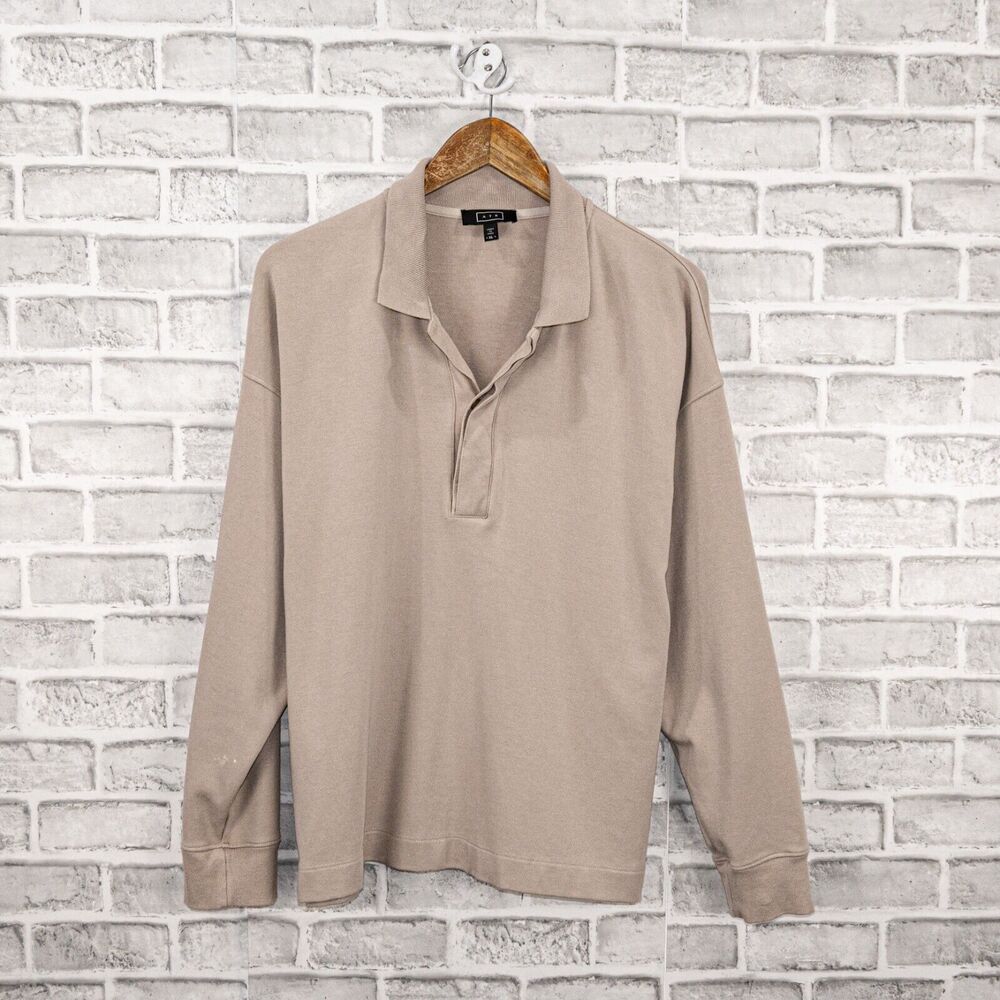 AYR The PhD Long Sleeve Collared Pullover Sweater in Beige Pima Cotton Modal XL